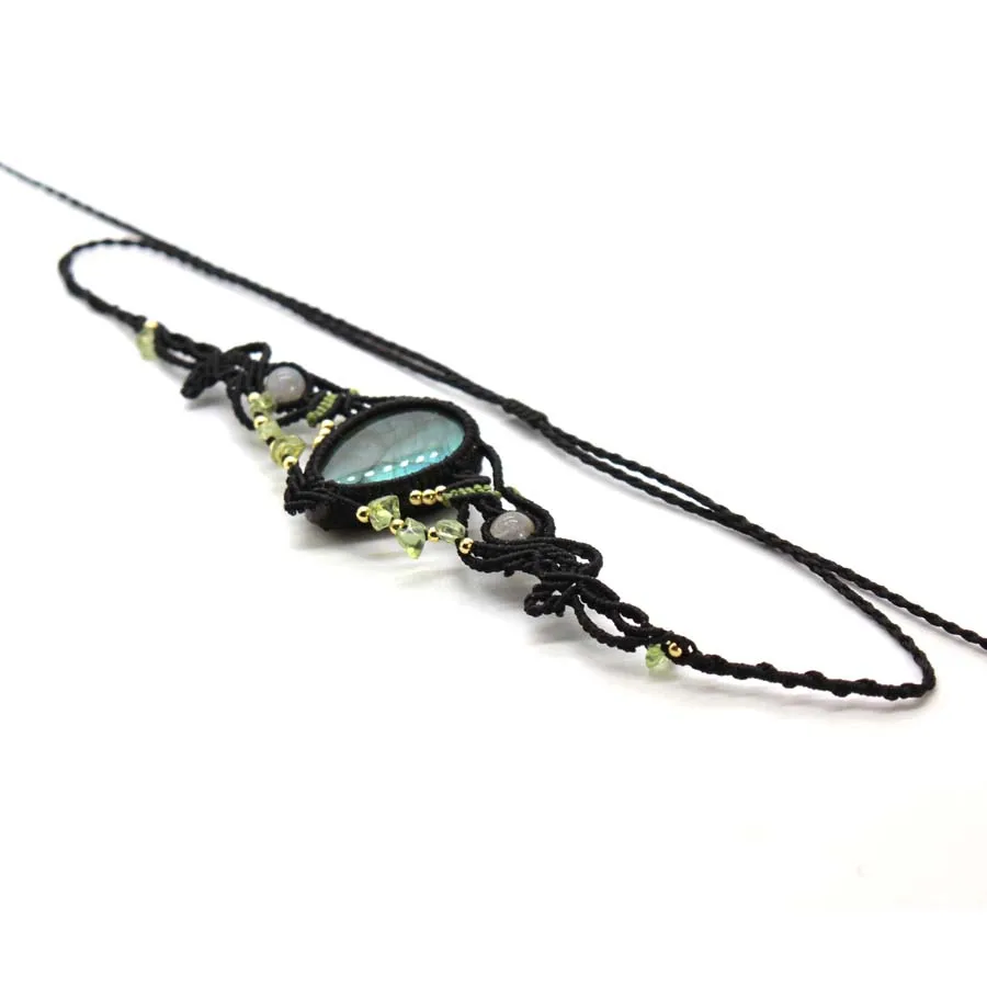 مضفر مكرميه اللابرادوريت حجر قلادة قلادة للنساء حجر الطيف الطبيعي اليدوية حبل ملفوفة نسج سلسلة مجوهرات #5