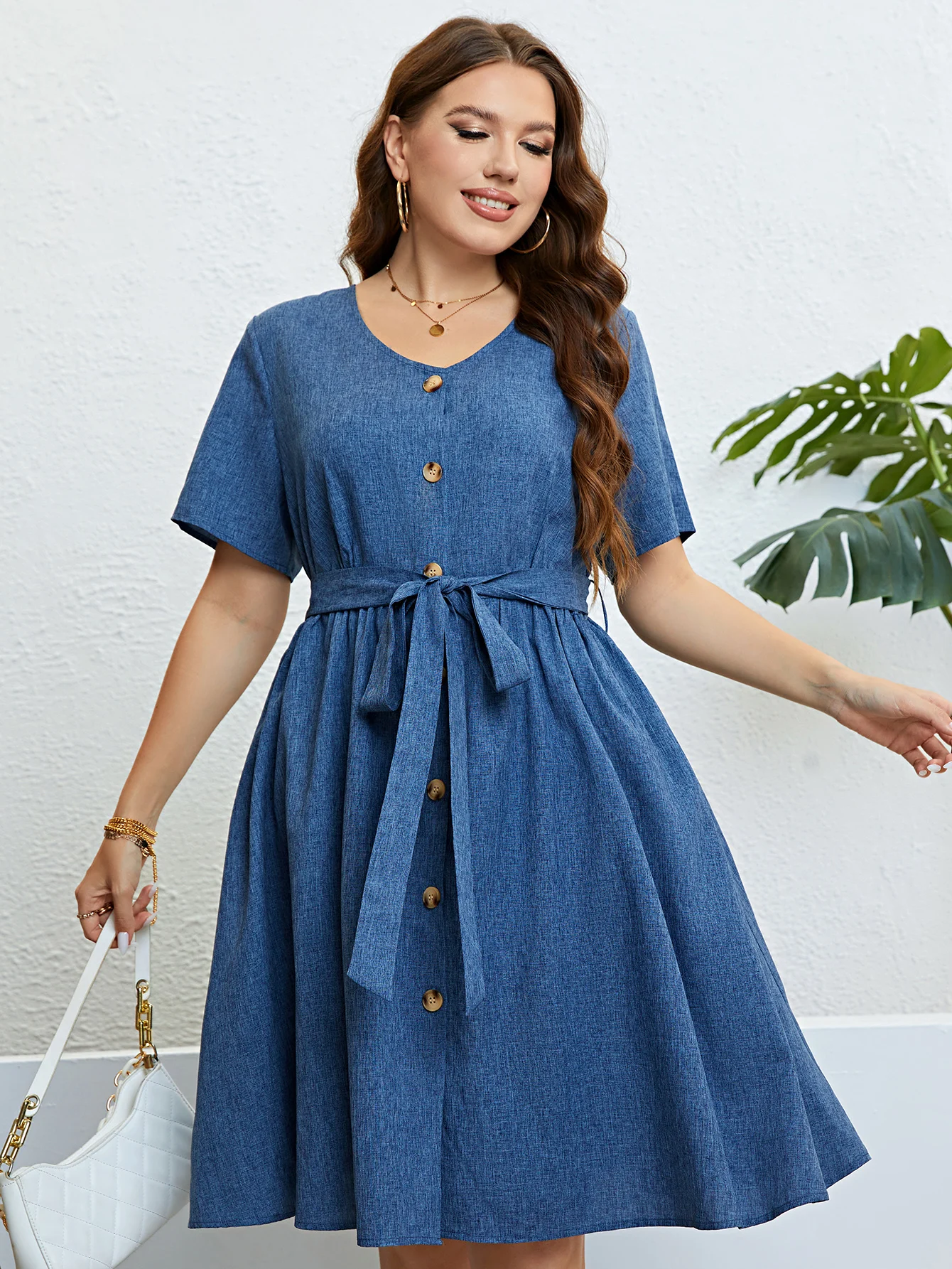 Plus Size Solid Elegant Button Women Dress 2024 Summer Short Sleeve Office Ladies Casual A-Line Party Large Size Midi Dresses