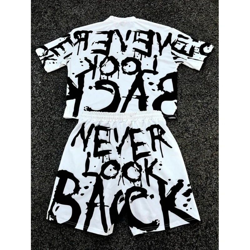 2025 Nwe Men's Youthful Street INS Black And White Color Block Oversized Letter Splash Ink Graffiti Digital Print Short Lo