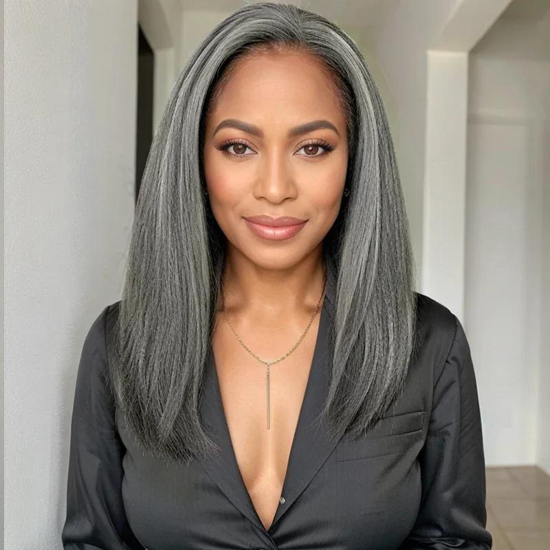 Rosabeauty Salt And Pepper Kinky Straight Human Hair Brazilian Bob Wig 5x5 Glueless Closure Wig Transparent Lace Frontal Wig