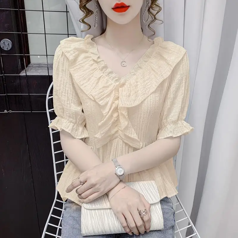 Women\'s Clothing 2024 New Summer Trendy Ruffles Kawaii Sweet Blouse Female V Neck Short Sleeve Slim Shirt Casual Solid Chic Tops