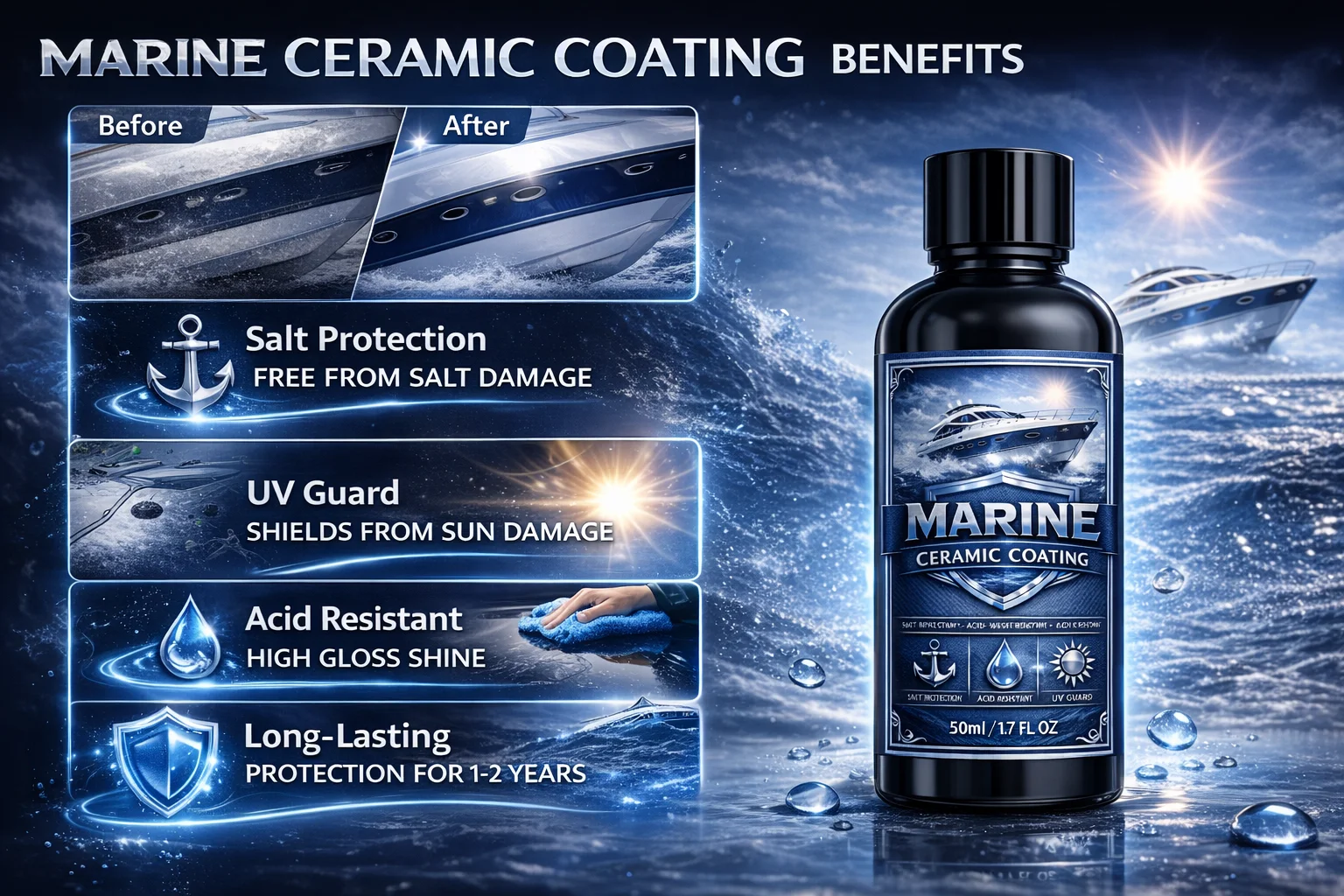 Marine Ceramic Coating for Boats – Long Lasting Gloss & Salt Protection Ceramic Shield for Gelcoat & Fiberglass