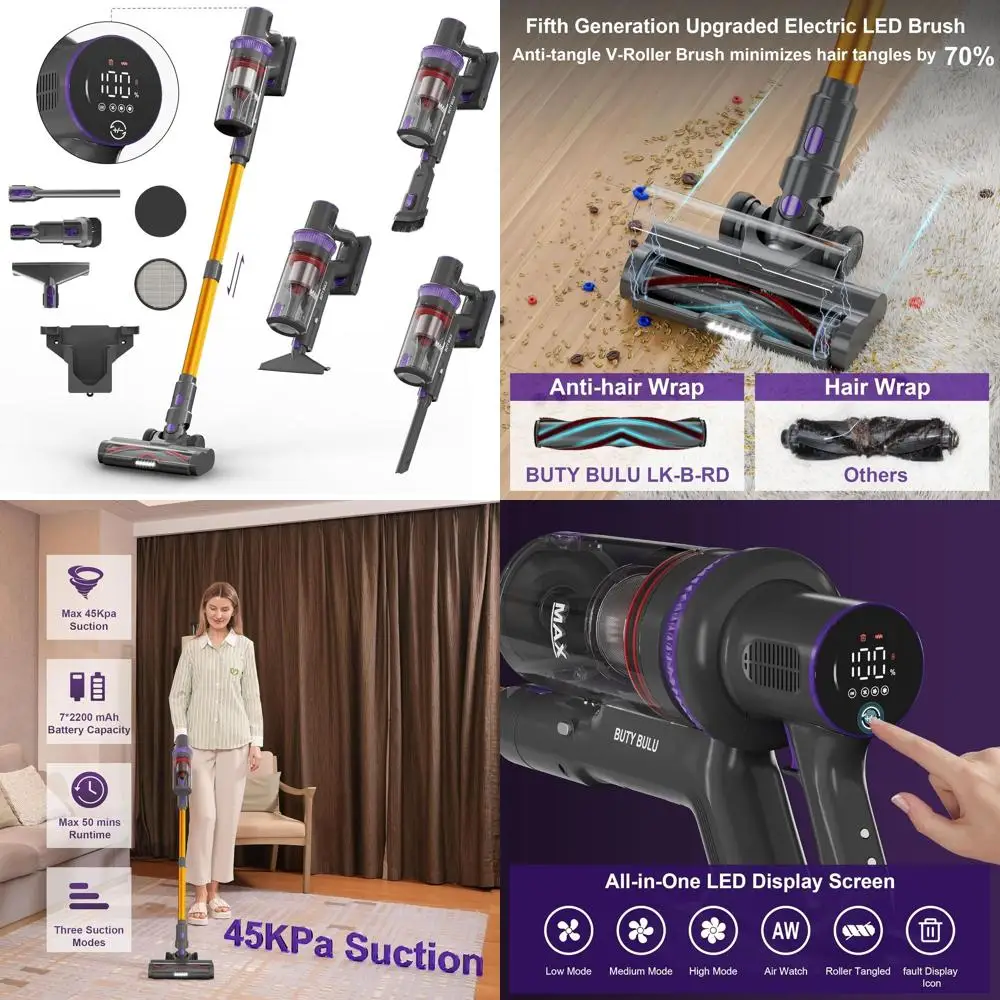 

Wireless 4-in-1 Stick Vacuum, Lightweight & Rechargeable for Home, Pet Hair, 45KPa Suction, 50 Mins Use, LED Display