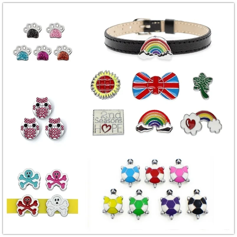 10pc/lot Hole 8MM Birthstone Music Note Heart Christmas Slide Charm diy charms Fit For 8mm Leather Wristband Straps Keychains