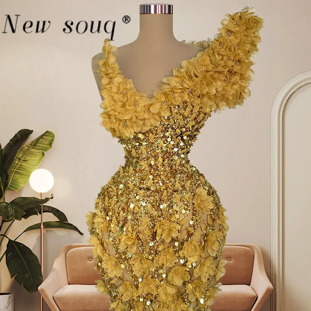 Gold Glitter 3D Floral Flowers Sequins Longos Vestidos de Noite V Neck Mermaid Party Dress Red Carpet Show Data Night Gowns Outfits