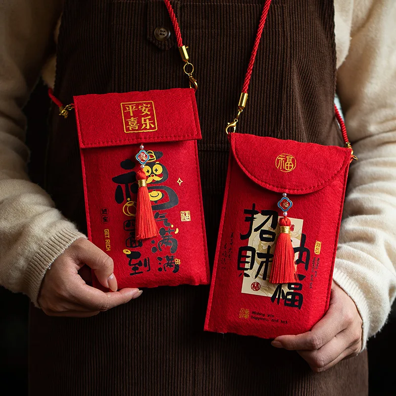 Red Envelope for Chinese New Year 2025 Kids Lucky Money Bag Chinese Hongbao Lunar Year Children Felt Hanging Bag Red Envelope