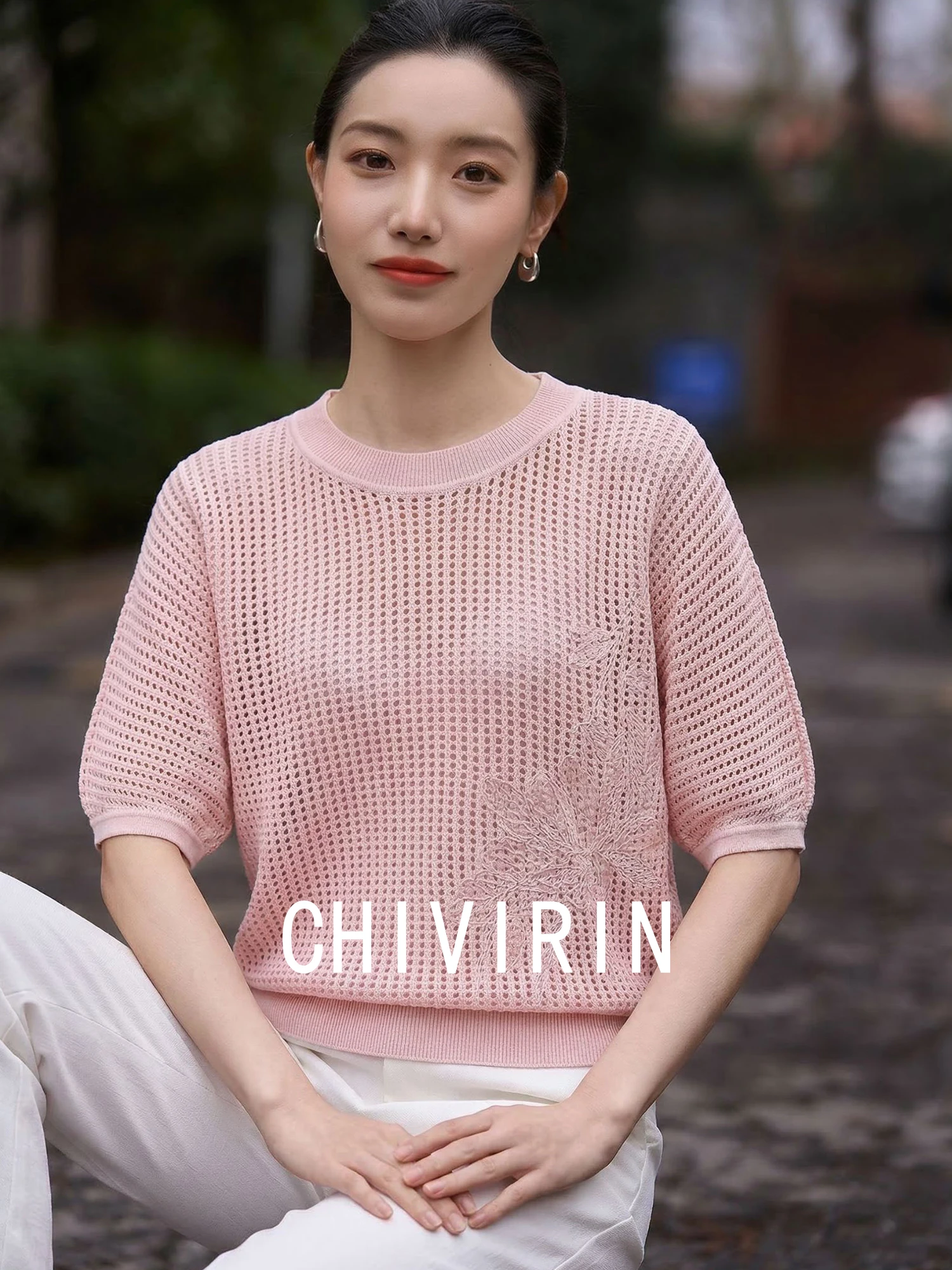 

Chivirin Women's Slim Fit round Neck Short Sleeve Knitted Hollow out Cotton T-Shirt Casual Summer Fashion Breathable Comfortable