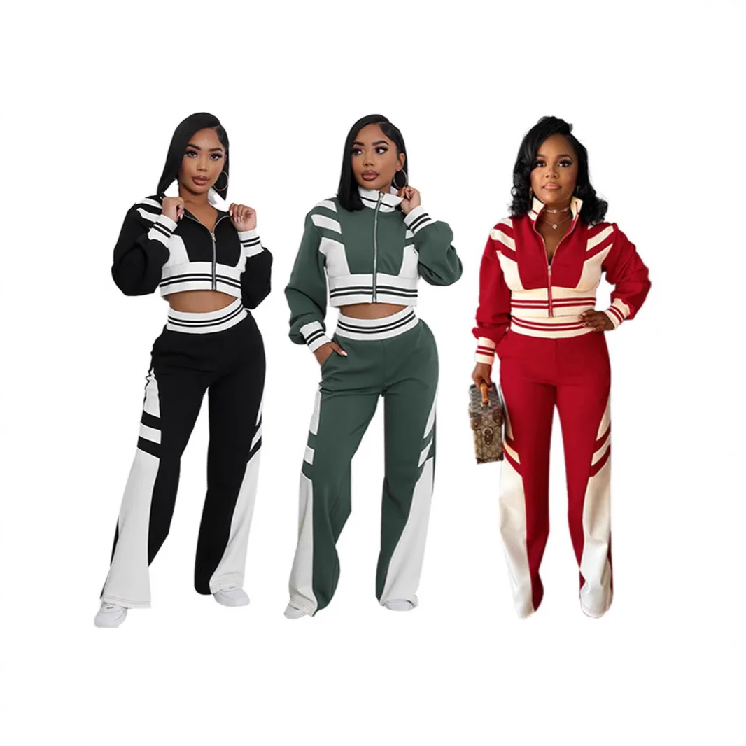 Conjunto de calças femininas conjuntos de duas peças gola alta conjuntos de correspondência manga y2k streetwear curto topos casacos perna larga calças compridas jogger