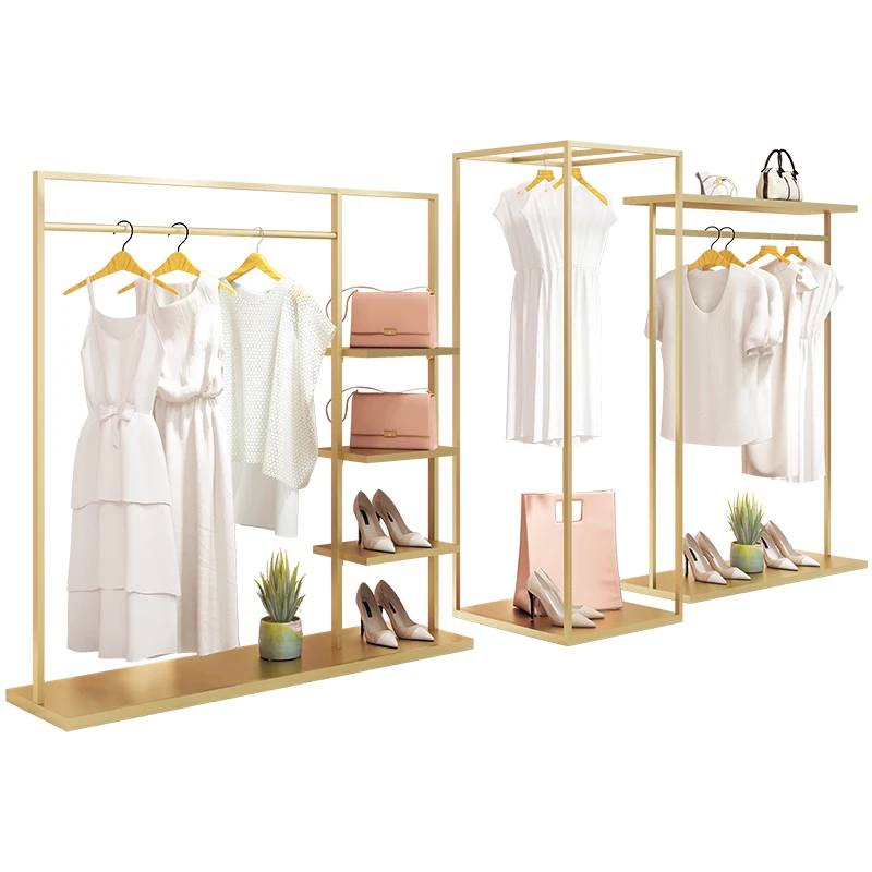 

Custom Boutique Women Cloths Shop Furniture Steel Gold Metal Clothes Stand Clothing Rack Garment Rack with Shelves