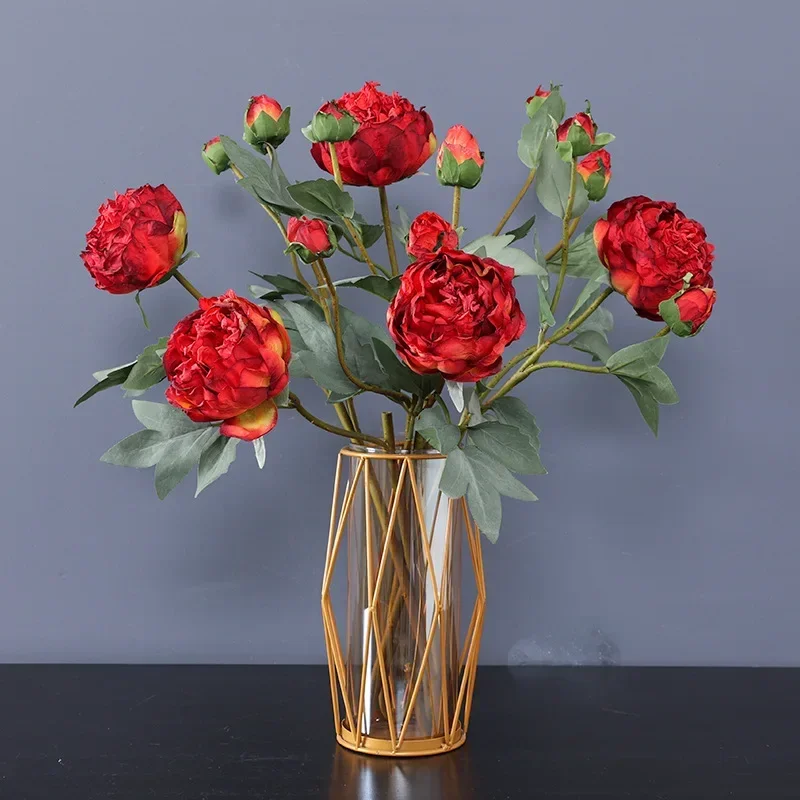 High Quality Simulation 3 Head Bud Core Peony Silk Home Living Room Dining Table Wedding Decoration Fake Artificial Flower