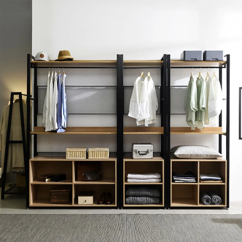Solid wood metal cloakroom rack clothing cabinet floor rack open assembly hanger hanger loft