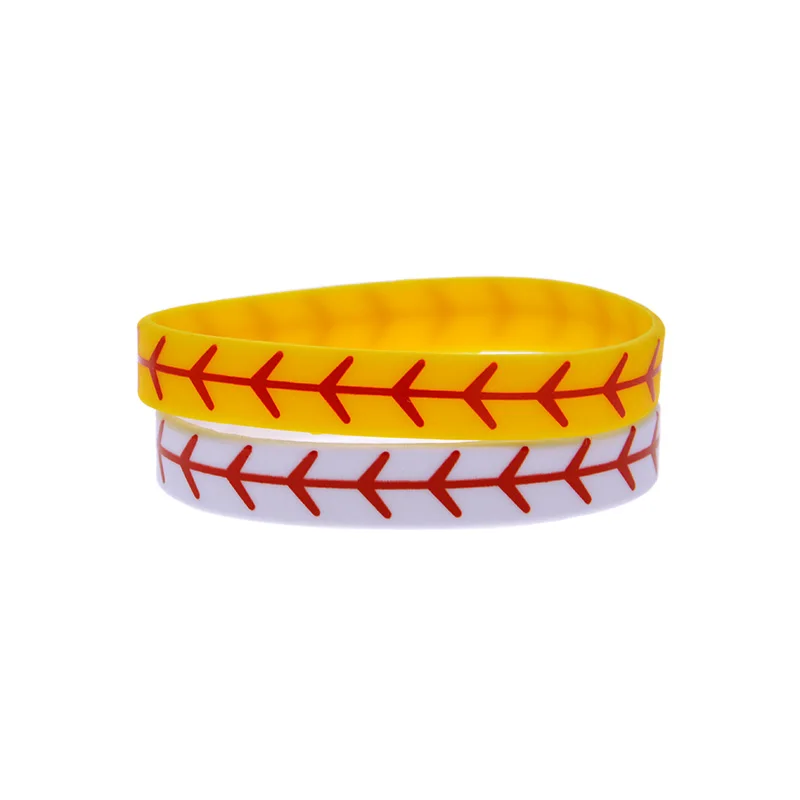 50 Stück bedruckte Silikonarmbänder, 1/2 Zoll breit, im Sportstil, aus Gummi, in Weiß und Gelb. – Detail 1