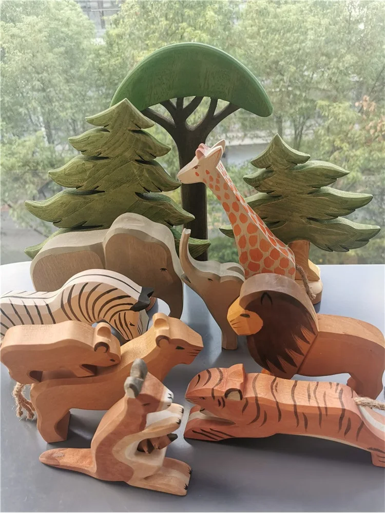 Colorful Wooden Animals Handmade Basswood Stacking Blocks Toys Forest Trees Lion Tiger Elephant Giraffe Bear Kangaroo for Kids