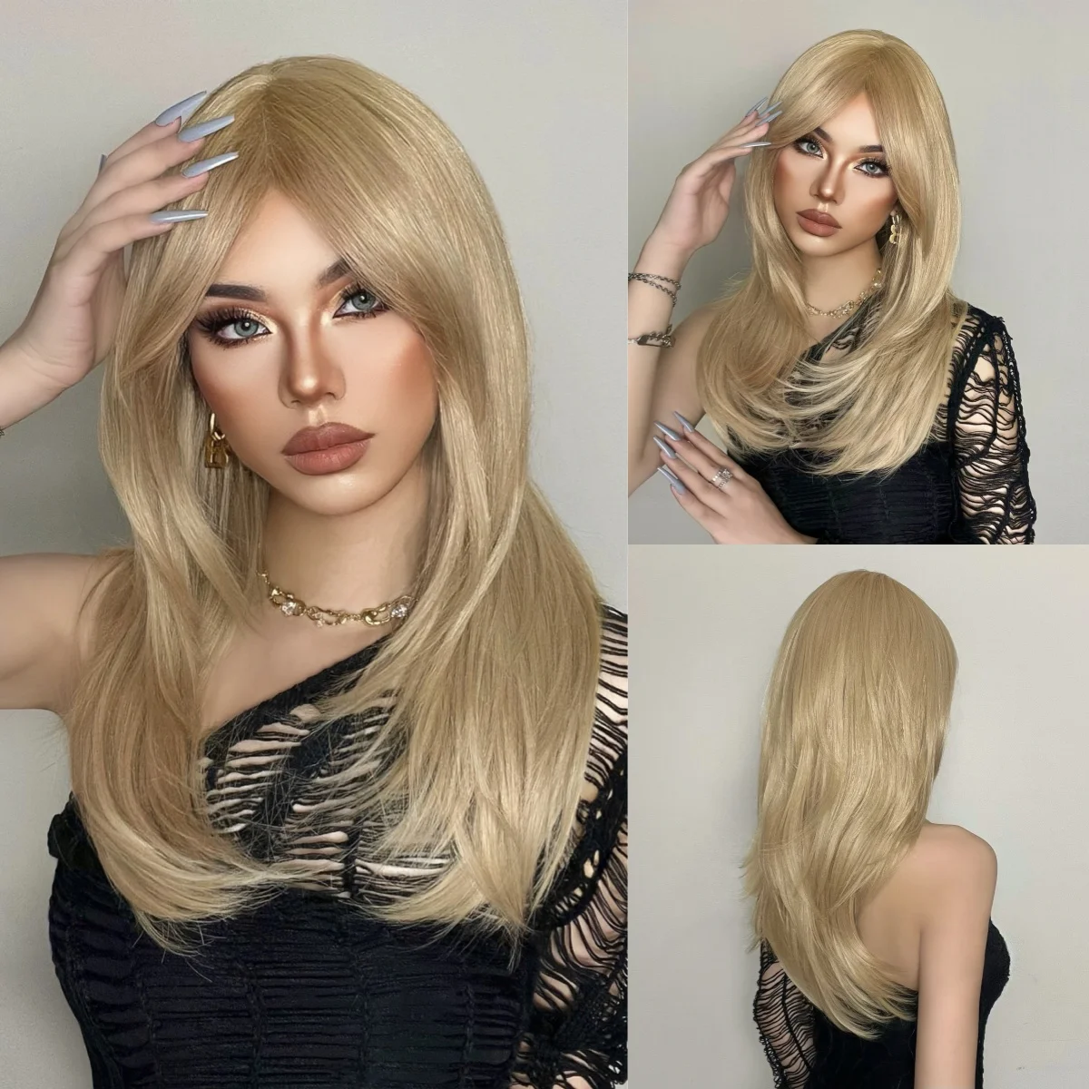 

Long Straight Layered Synthetic Wig Ombre Blonde Wig with Bangs Daily Use Natural Hair Heat Resistant Fiber Wig for Women