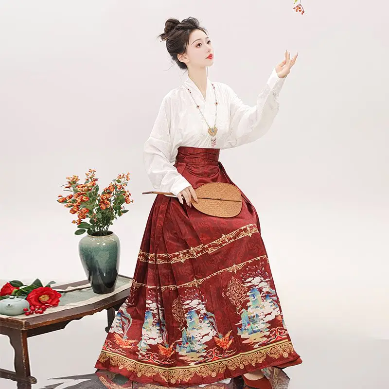 Hanfu tradisional Cina Set Wanita rok wajah kuda Set harian tambal sulam cetak musim dingin musim semi Cosplay gaun Cina