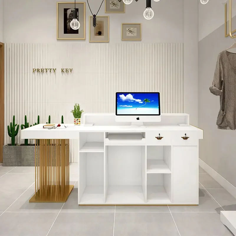 Modern Front Desk Counter With Gold-plated LOGO And LED Light Gold Decorative Front Reception Desk