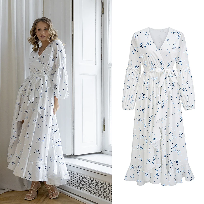 2024 New Spring Summer  Long Sleeves Floral Dresses Women\'s Casual Dress Puffy V Neck Smocked Tiered Ruffle Dresses