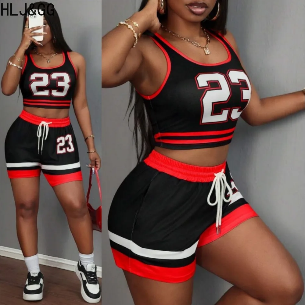 

HLJ&GG Summer New Stitching Letter Print Two Piece Sets Women O Neck Sleeveless Tank Top And Drawstring Shorts Outfit Streetwear