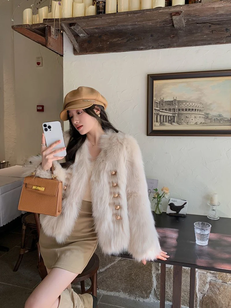Chic White Women Faux Fur Jacket Pearl Button Coat Collarless Long Sleeve Cropped Loose Luxury Cozy Winter Outerwear Top