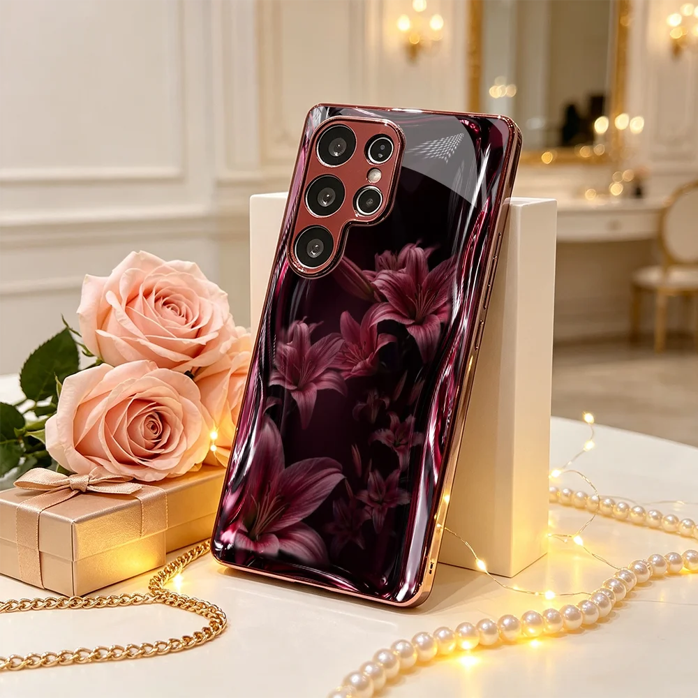 Red Flower Creative Fluid Phone case Glass phone case for Samsung GalaxyS26 S25 24 23 22 21 Ultra/Plus/FE shockproof back cover