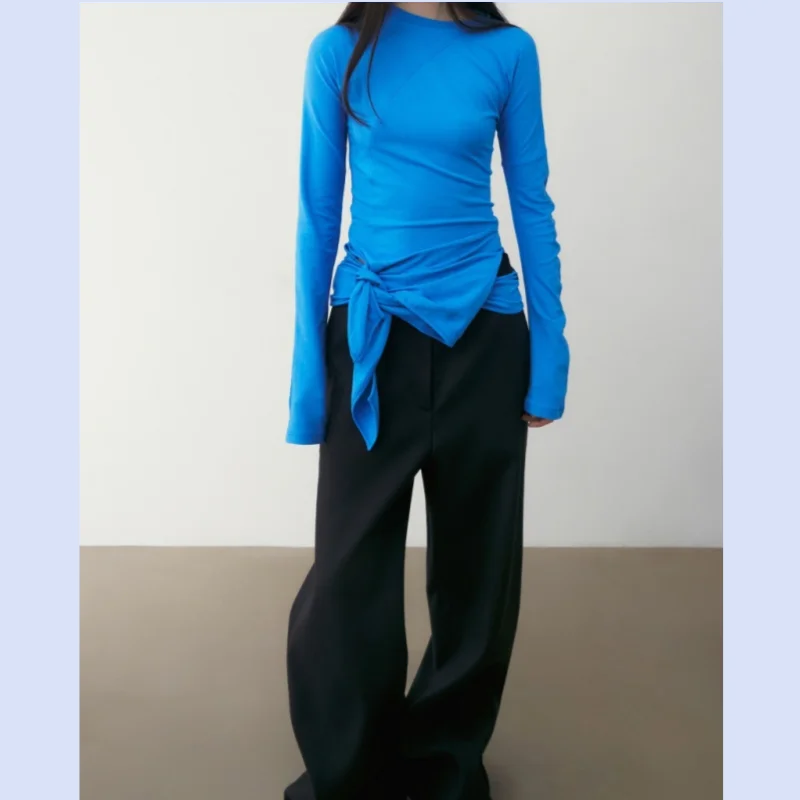 Women's side-tie irregular base shirt T-shirt top, new style for early autumn 2026, Korean style