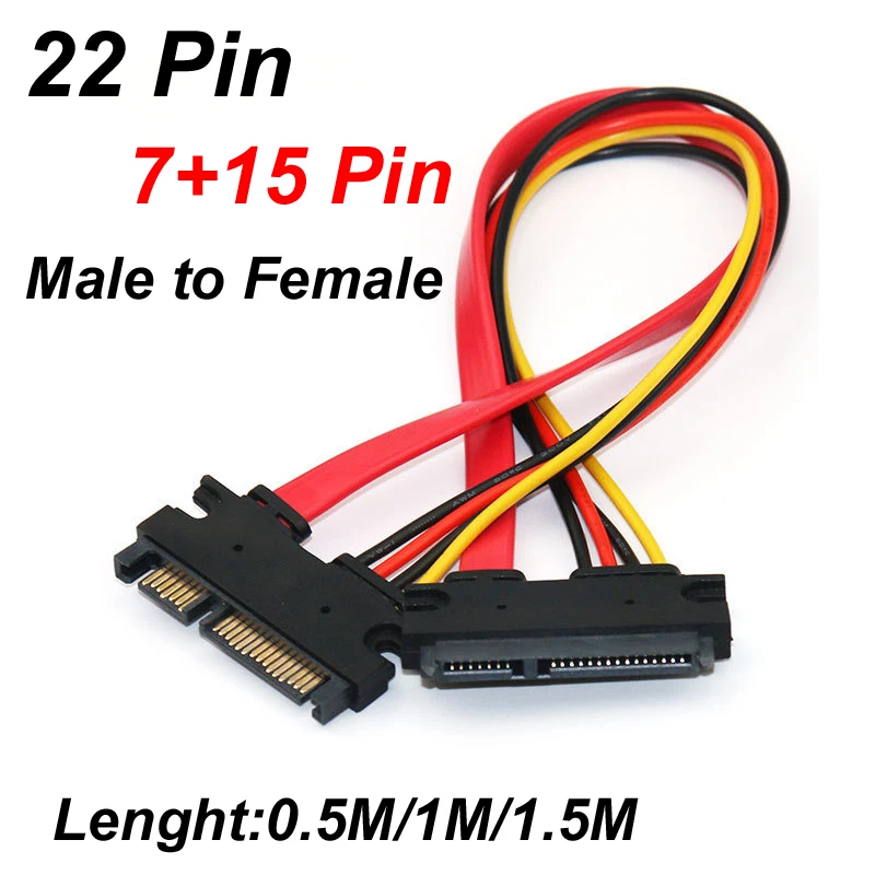 NEW 2026 0.5M/1M 22Pin SATA Male to Female 7+15 Pin Serial ATA SATA Data Power Combo Extension Cable Connector Conterver