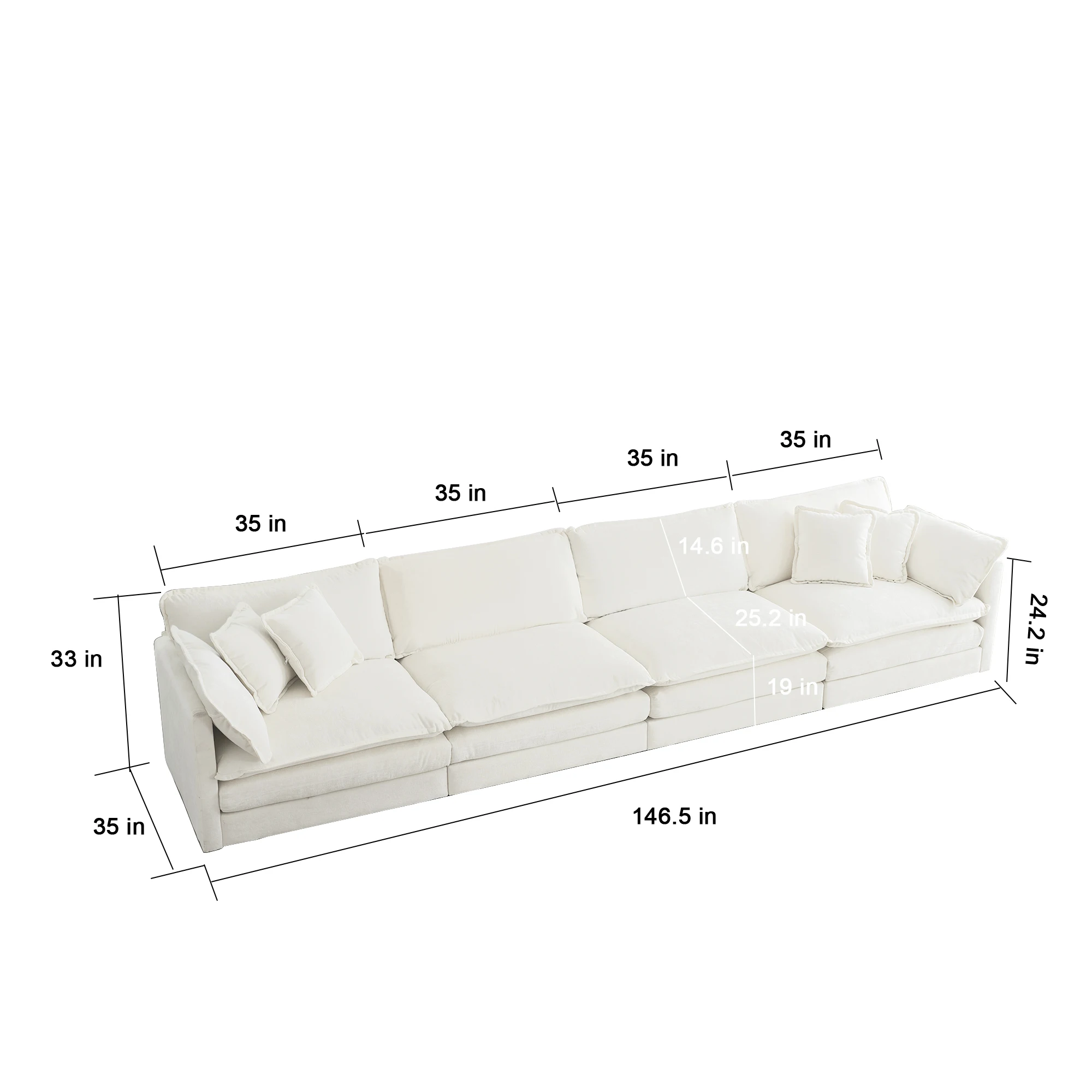 Modular Sectional Sofa L Shaped Couch 5 Seater Convertible Double Bag Sofa W/1 Ottoman White/Beige/Green Chenille for LivingRoom