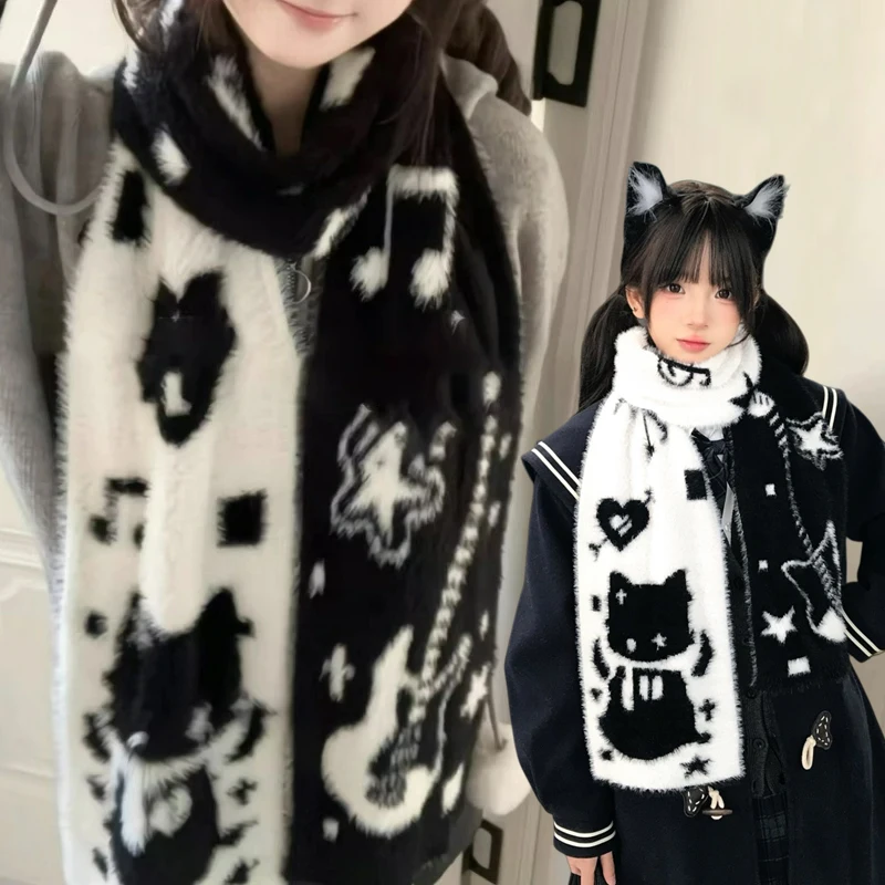 

Кошки, японская гитара, черный, белый цвет, двусторонний бархатный шарф с имитацией норки, корейские атмосферные шарфы, осенне-зимний теплый шарф