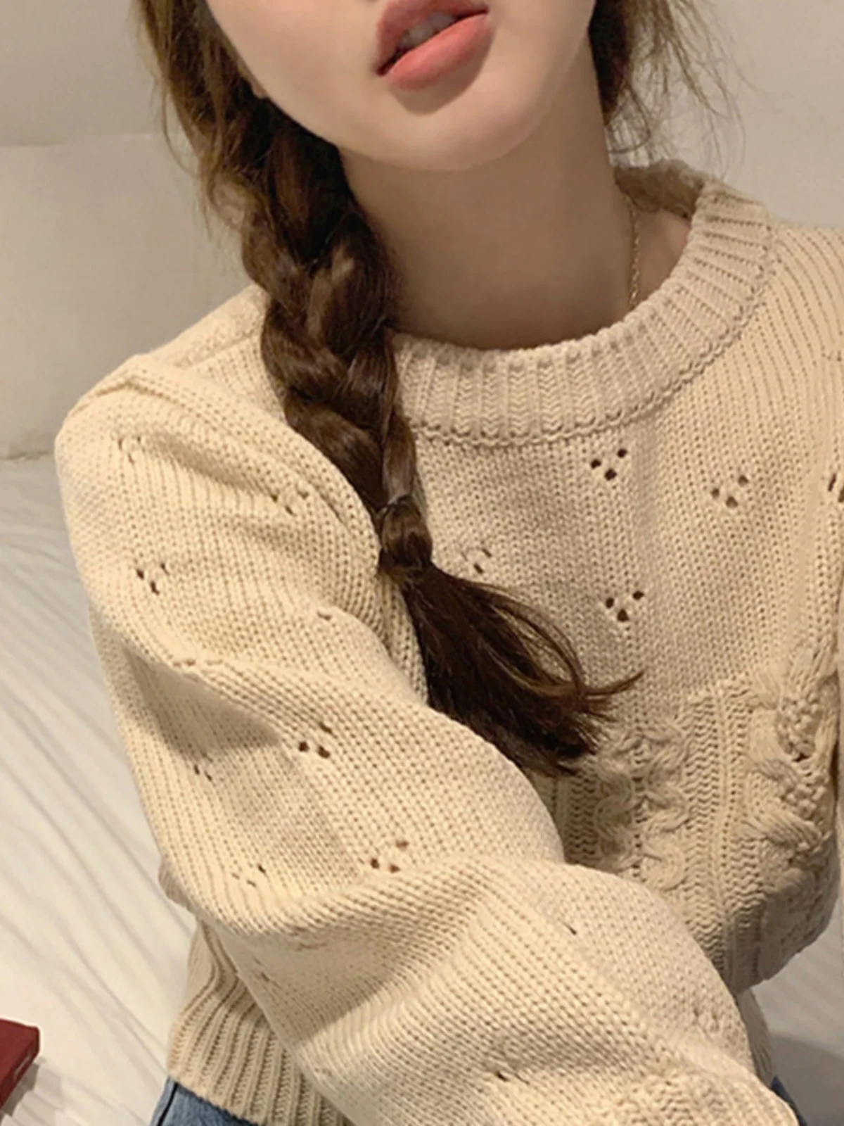 White Knitted Sweater Women's Autumn Winter New Sle round Ne Overhead Vintage Gentle Wind Outerwear Top Women