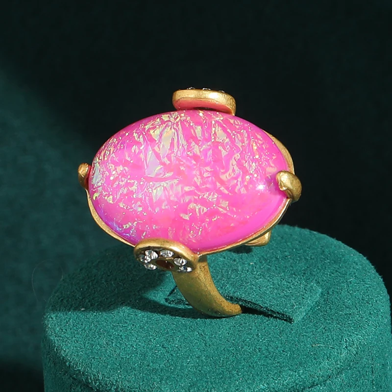 

Vintage Large Oval Pink Opal Jewelry Ring Wedding Antique Gold Color Luxury Quality Designer Adjustable For Woman Accessories