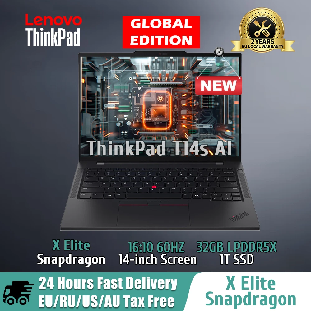 Lenovo ThinkPad T14s AI Laptop 2024 Qualcomm Snapdragon X Elite /ARM 32G LPDDR5X 1TB SSD 14-inch OLED Screen Notebook Pc