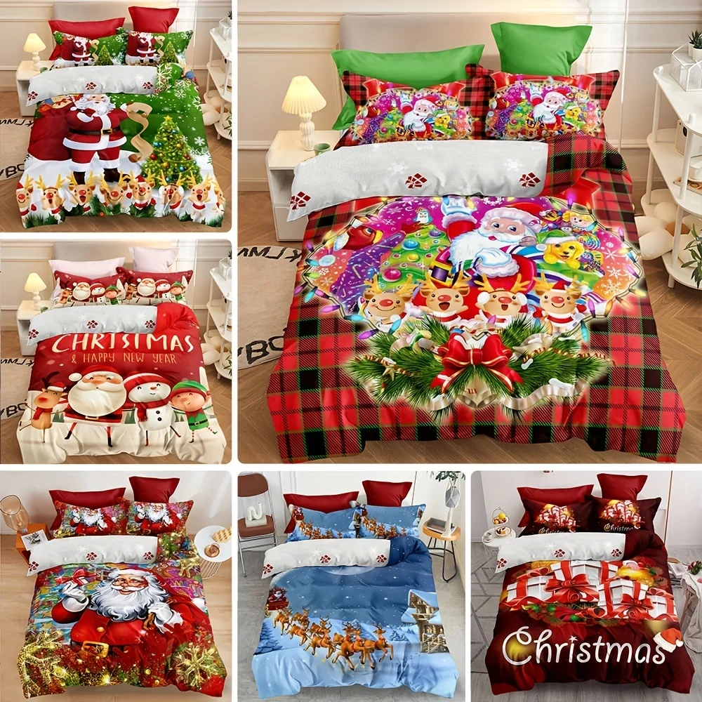 3pcs Christmas Theme Duvet Cover Set Elk Christmas Tree Santa Claus Print Bedding Set Soft Breathable Duvet Cover Room Decor