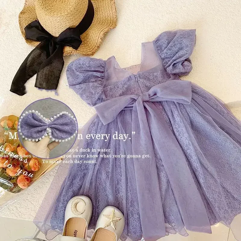 Baby Girl's Princess Dress with Bubble Sleeves Summer Lace Purple Children's Birthday Dress for Girls Kids Clothing