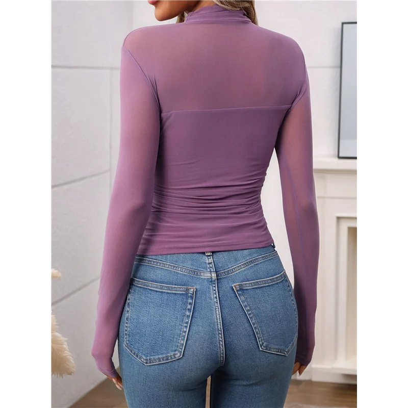 

ABP-Women's Sexy- Mock Turtle Neck Long Sleeve Tops Sheer Mesh Ruched Trendy Going Out Shirts Blouse