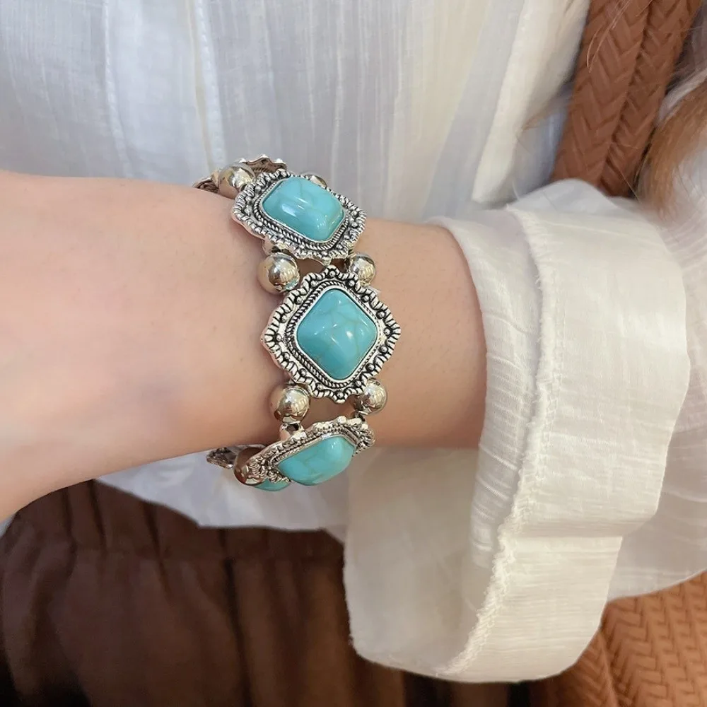 Vintage Bohemian Ethnic Acrylic Bangle Acrylic Exaggerated Irregular Wide Bracelet Rhombic Patchwork Round Minority Design