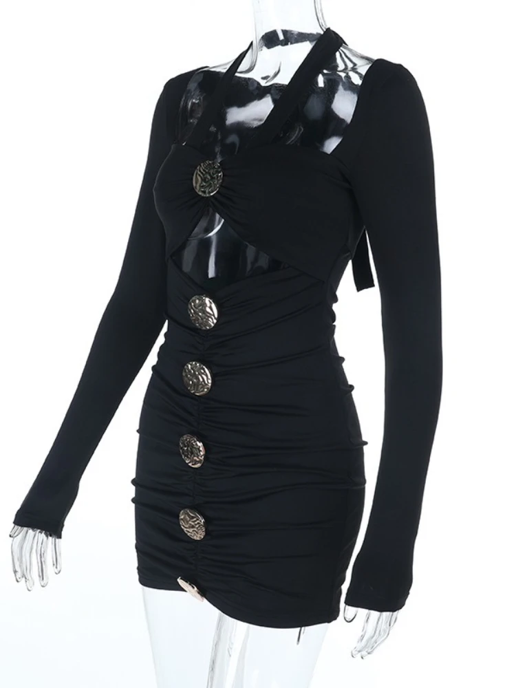 SsTss Women Fashion Halter Neck Long Sleeve Mini Dress Solid Low Cut Metal Button Detail Hollow Out Ruched Bodycon Sexy Dress