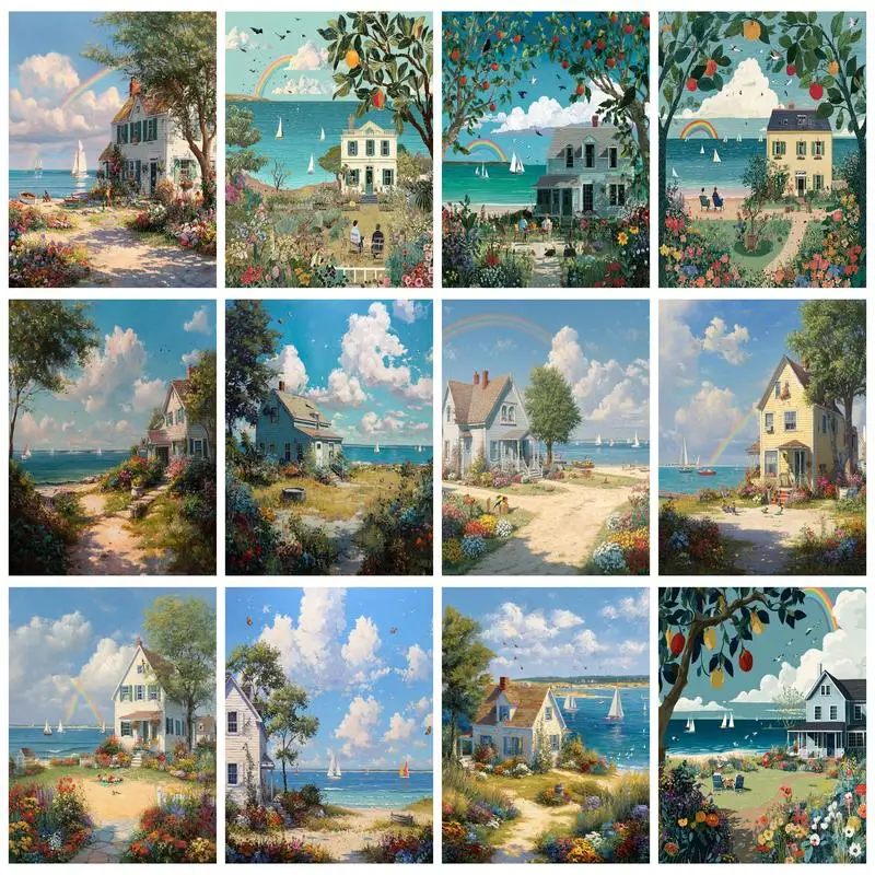 

PhotoCustom Картина по номерам Diy Подарки Картина Приморский дом Пейзаж Diy Рисунок по номерам Настенное искусство Домашний декор