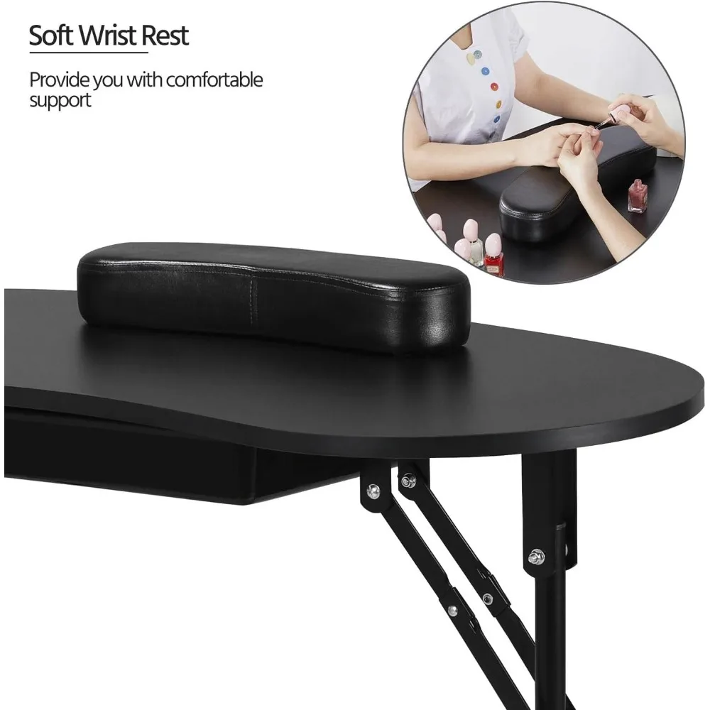 37-inch Portable & Foldable Manicure Table Nail Desk Workstation with Large Drawer/Client Wrist Pad/Controllable Wheels