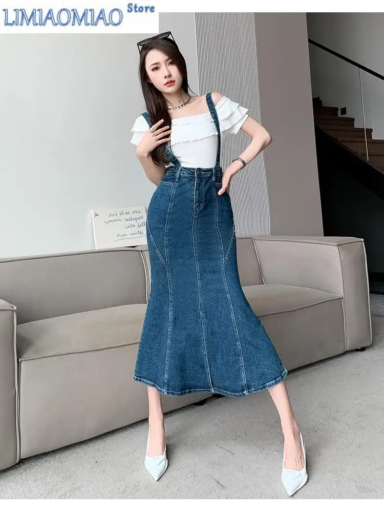 New High-waisted Denim Suspender Skirt Women's Spring Summer Thin Sexy Mid-length Fish Tail Bag Hip Skirt Tide