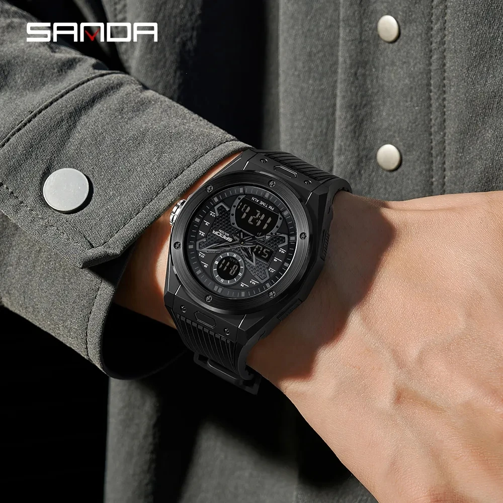 SANDA-reloj Digital deportivo para hombre, cronógrafo con alarma, podómetro, doble horario, resistente al agua, con pantalla semanal y calendario