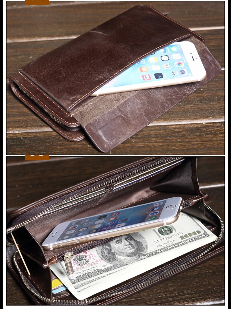 High Class Fashion Genuine Leather Men Wallet Clutch Purse Leather Zipper Money Holder Male Money Bag Clutch with Wrist Belt