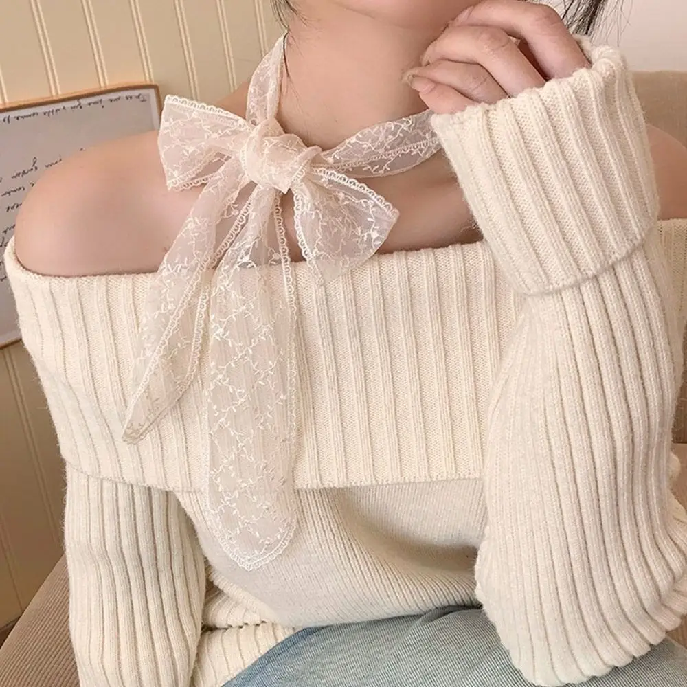 Модный корейский кружевной шарф с полой вышивкой, летняя повязка для волос, сплошной цвет Y2k, длинная лента, пояс, галстук для женщин, ключица