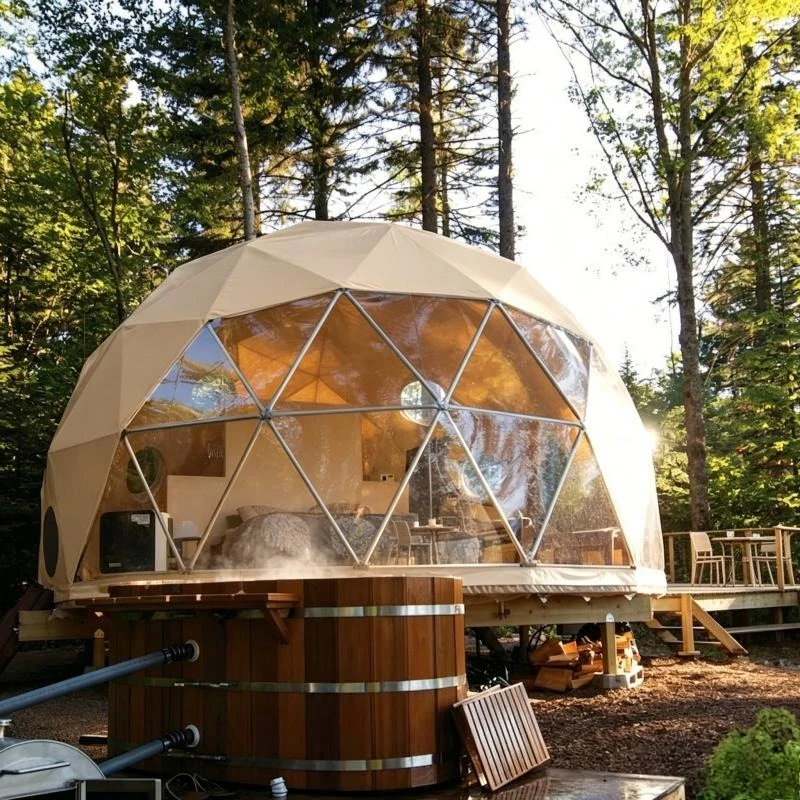 5-12m Fire Retardant Waterproof Geodesic Dome Tent Igloo Glamping with Bathroom Stove and Wood Deck for Glamping Sites