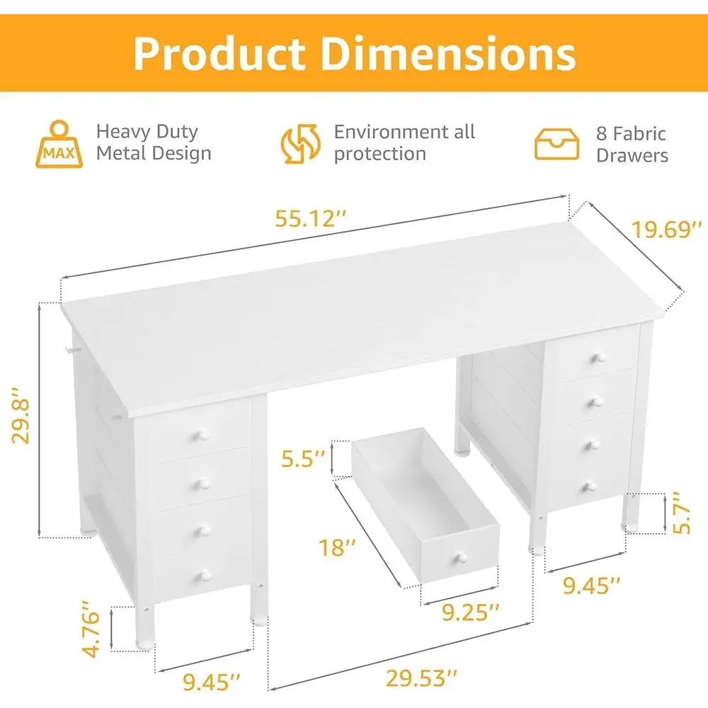 55 مكتب كمبيوتر بأدراج مزدوجة الجوانب للمكتب المنزلي، مكتب دراسة للفتيات مع مساحة تخزين، مكياج بدون مرآة #3