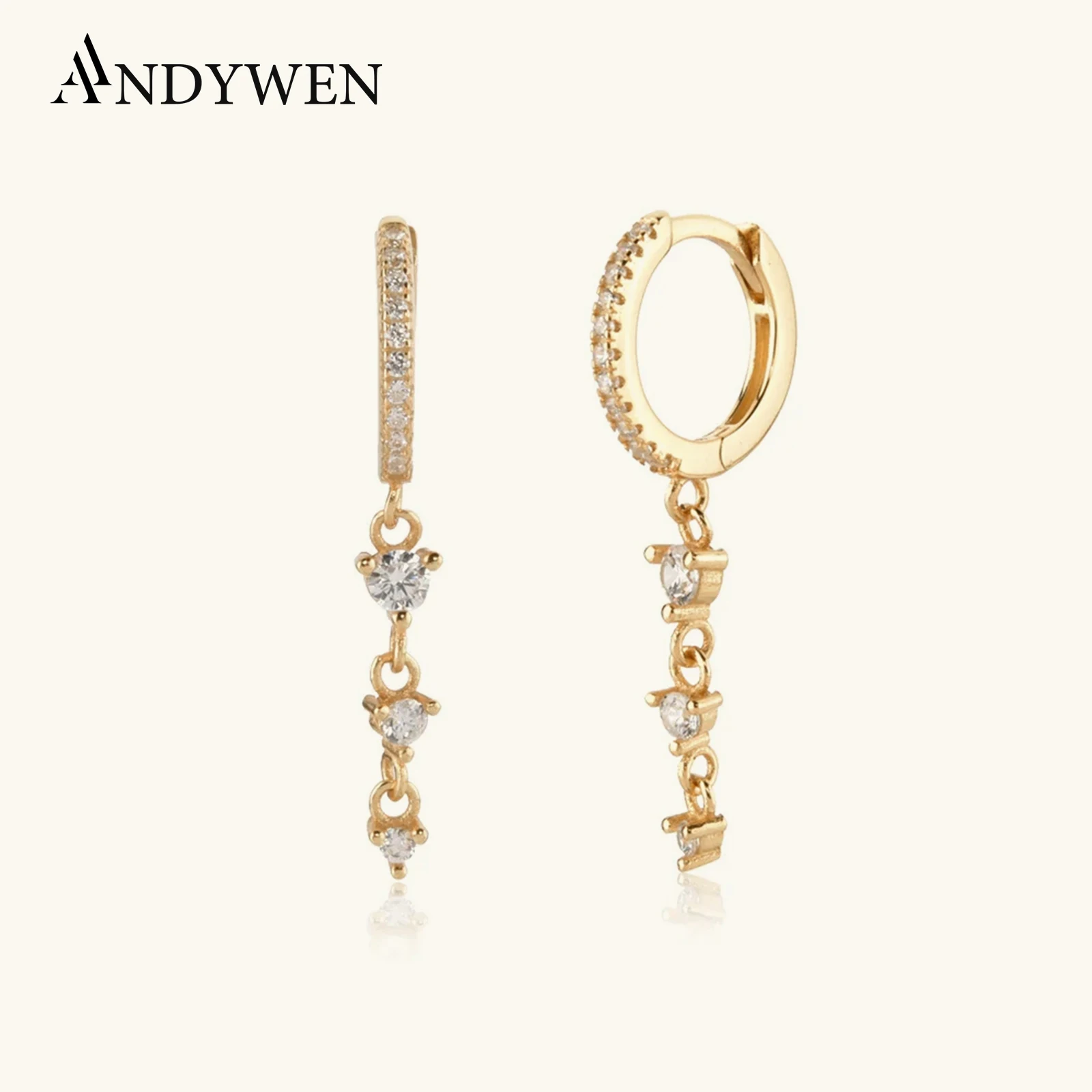 ANDYWEN 100% 925 Sterling Silver Gold Pendientes Three Zircon CZ Circle Drop Earring 2022 Women Wedding Fine Jewelry