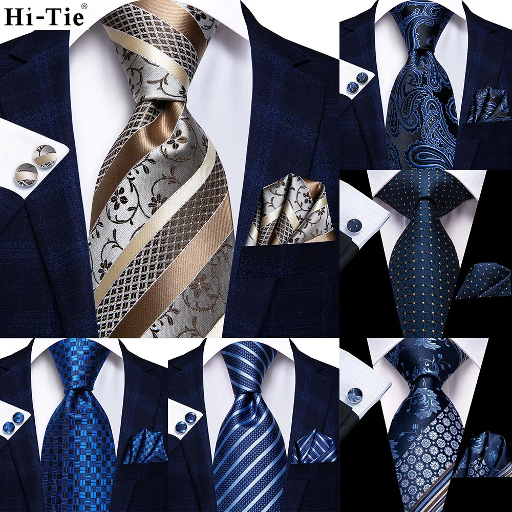 

Hi-Tie Champagne Striped 63inch Silk Men Extra Long Ties for Men Woven Classic 160cm Mens Necktie Pocket Square Set Cufflinks