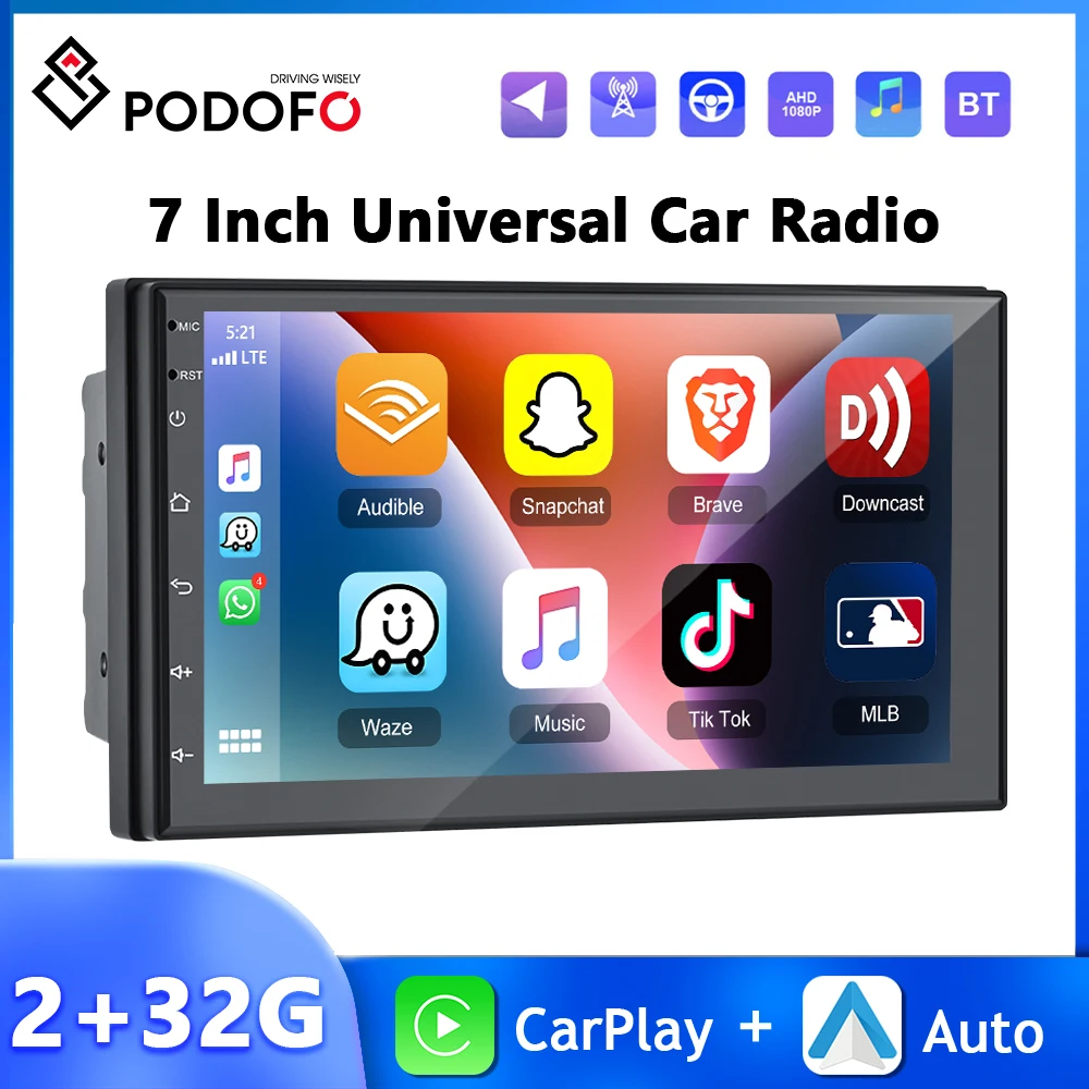 

Podofo 7'' Wireless Carplay Car Radio 2Din Autoradio 2+32G Android Auto Bluetooth WIFI GPS Navigation FM EQ Double USB Car Audio