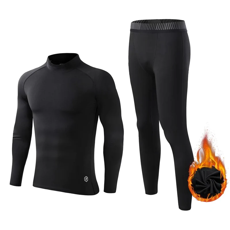 Thermal underwear Men Winter Fleece Base layer Thermal Sports Thermal underwear Kids Turtle collar black Compression Sportswear