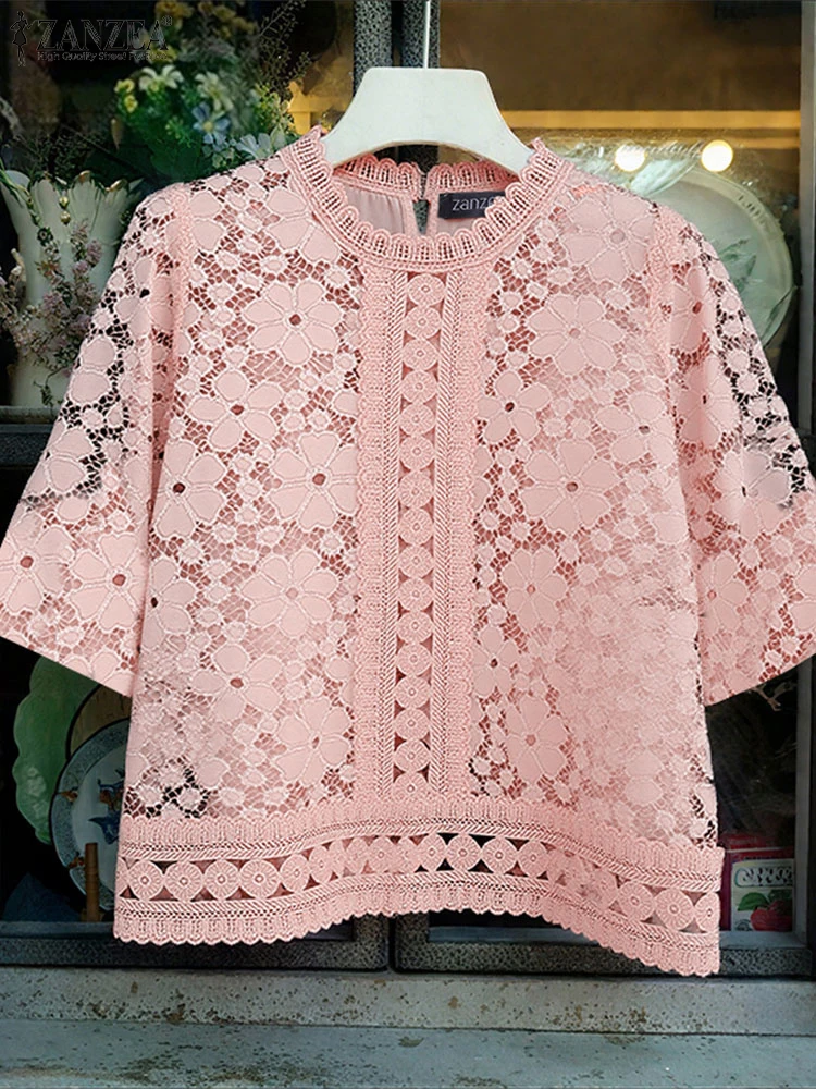 

ZANZEA Elegant Openwork Lace Blouses Women Summer Fashion Lace Patchwork Short Sleeve Blusas Mujer Chic Hollow Out Solid Tops