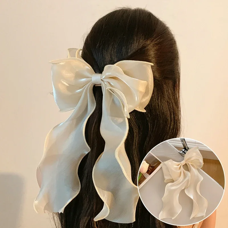Neue Damen-Haarspange im französischen Stil, süß, rosa-lila, aus Chiffon, mit Schleife und Band, für Freundin, Pferdeschwanz-Clip, Haaraccessoire, Geschenk – Detail 11